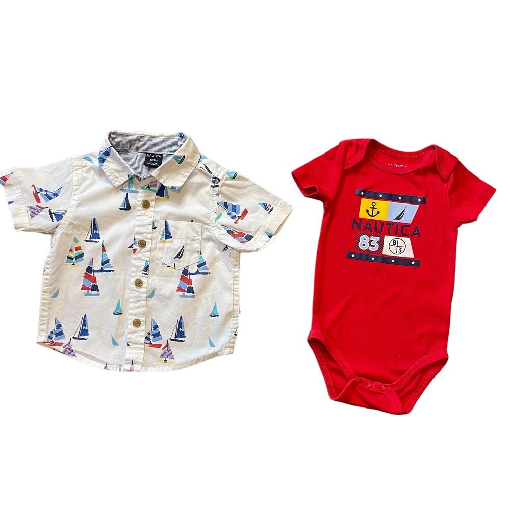 Nautica Baby Sailboat Polo Shirt & Red Bodysuit 2PC Set Short Sleeve Boys 6-9M
